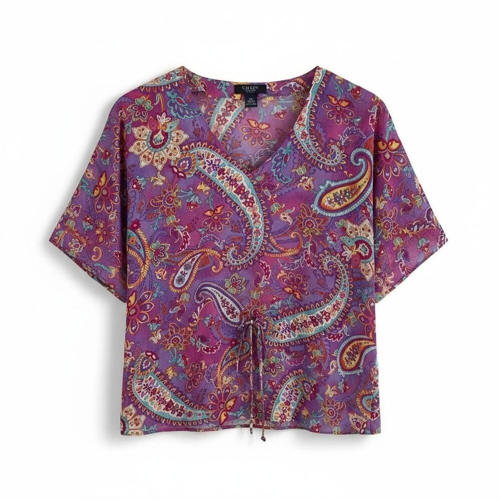 CHAPS Womens Short Sleeve Sheer Paisley Print Blouse Top Purple Petite S Fairy